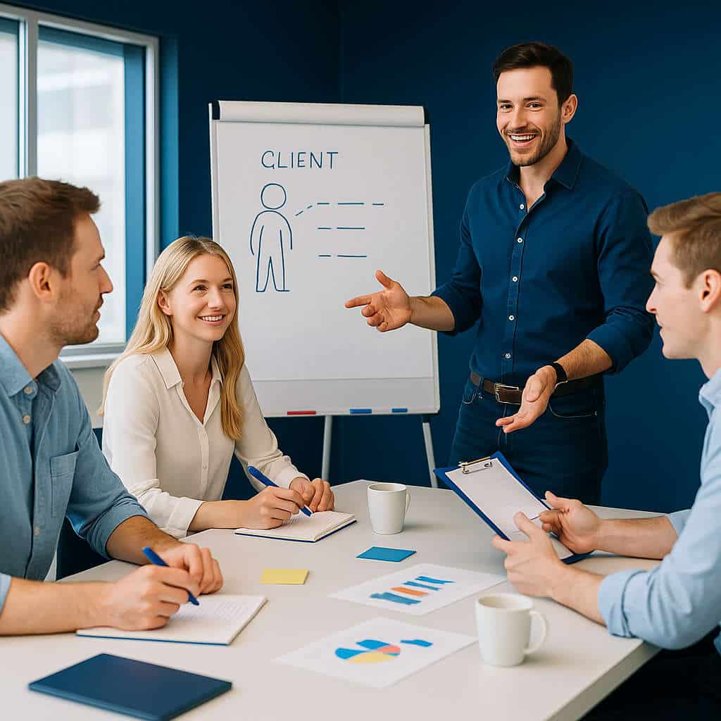 Des commerciaux participent à une formation de vente bootcamp afin de mieux comprendre les besoins du client et de créer leur boîte à outils commerciale.