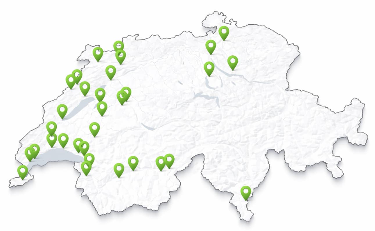 Carte de la Suisse avec les clients du cabinet PLUS SEPT