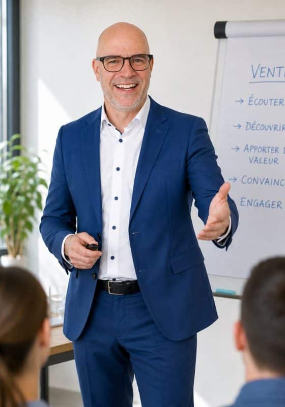 Claude Volery anime une formation aux techniques de vente, debout face à deux participants vus de dos. Sur le paperboard: écouter, découvrir, apporter de la valeur, convaincre, engager.