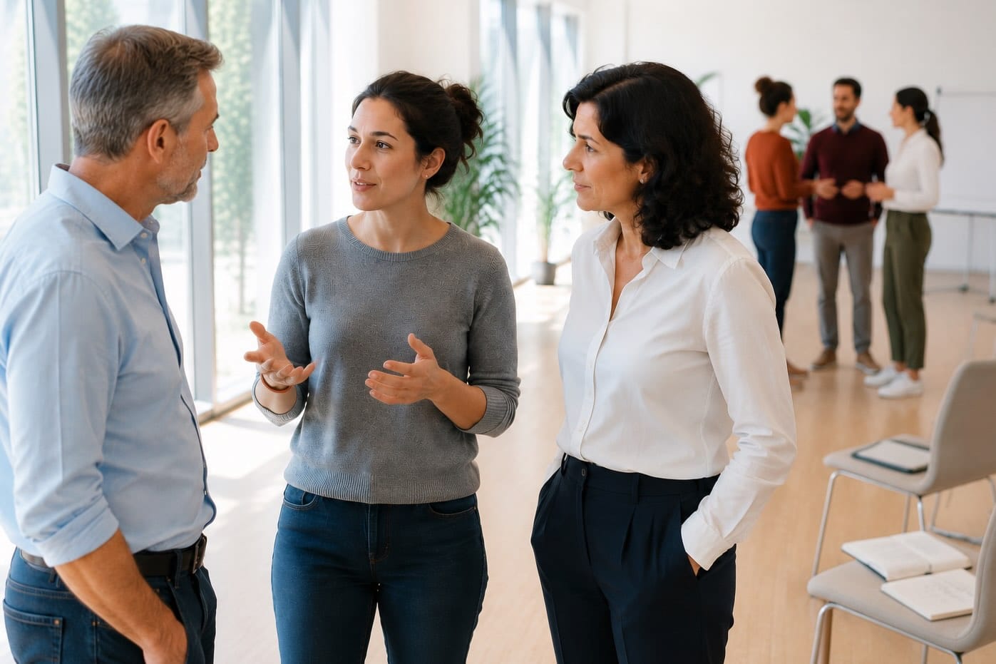 Trois participants échangent debout pendant une formation confiance en soi et gestion du stress, un paperboard et un second groupe en arrière-plan.