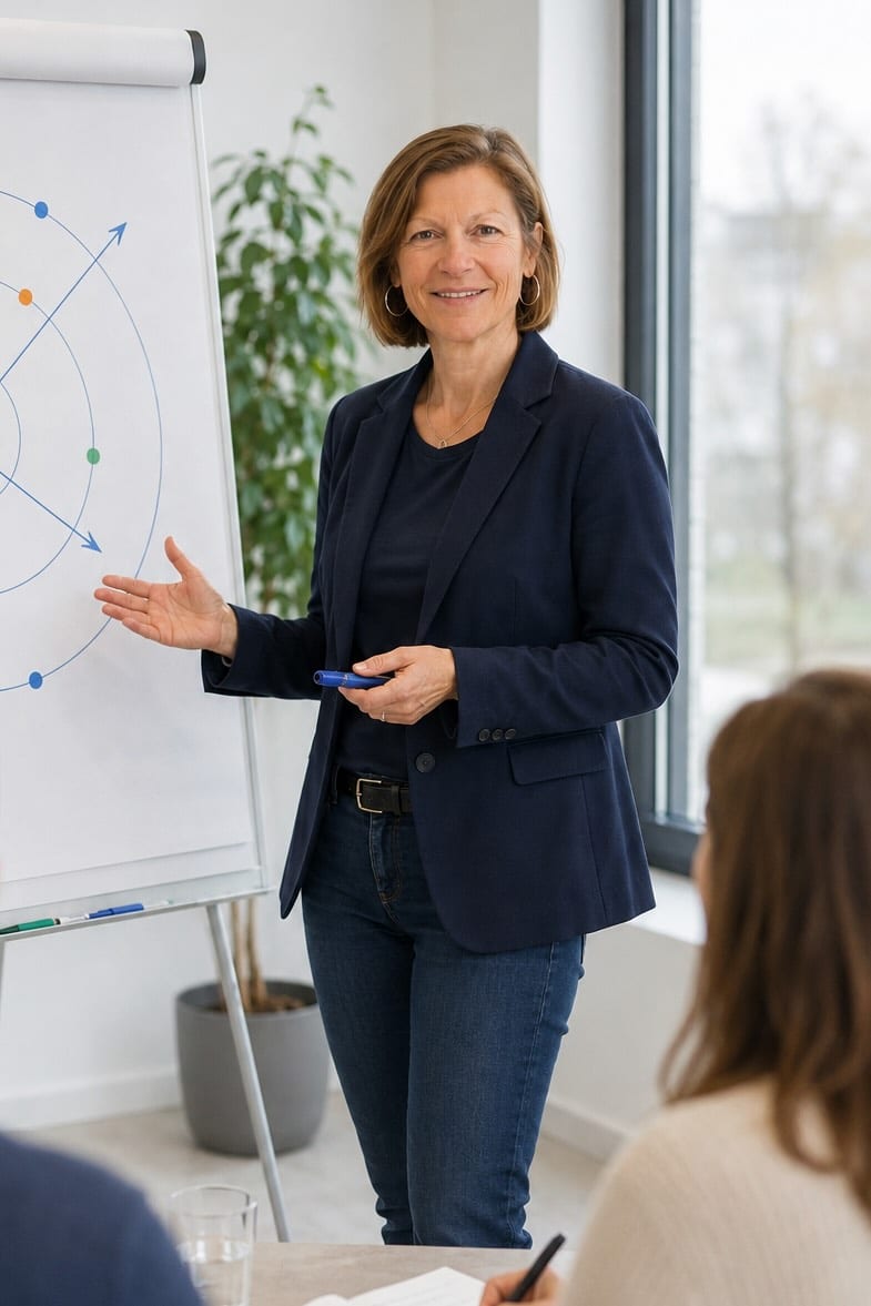 Nathalie Scheurer explique la carte des cercles devant un paperboard, face à deux participants, lors d'une formation au réseautage professionnel.