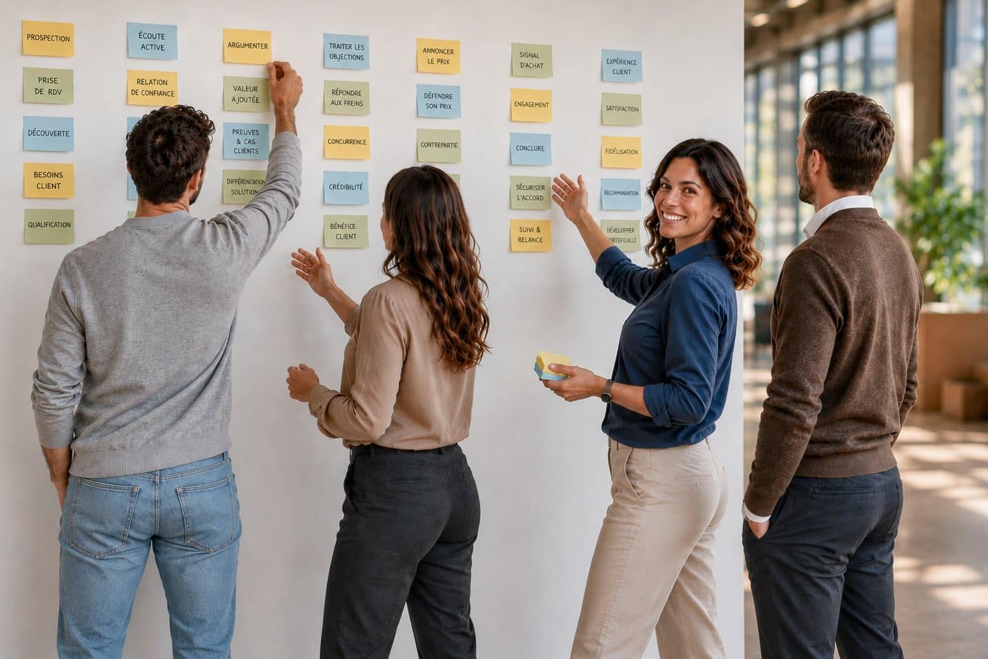 Quatre participants debout organisent des post-it sur un mur pendant la formation aux techniques de vente, l'une d'elles se retourne vers l'objectif. Sur les notes: écouter, découvrir, besoin, valeur, objection, prix, convaincre, engager.