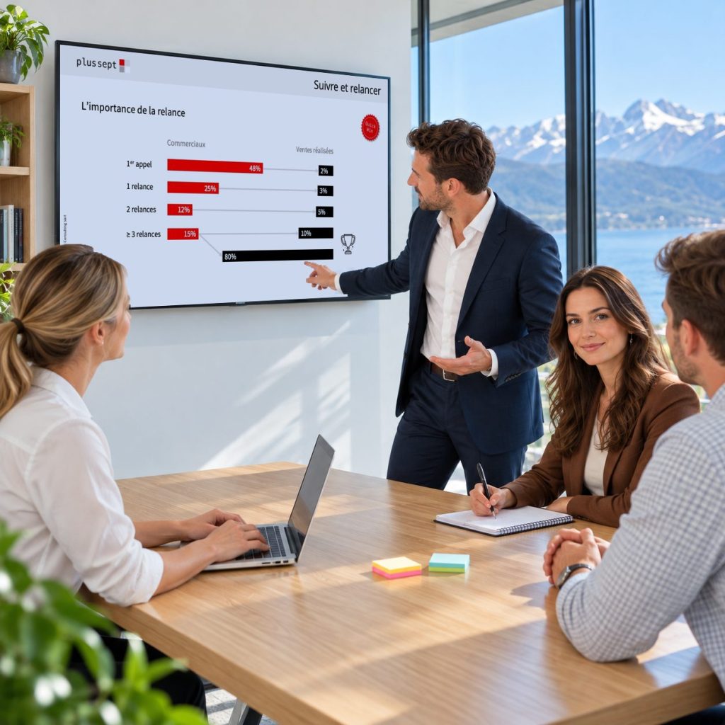 Pendant une formation à la vente en entreprise, le formateur commente à l’écran une diapositive PLUS SEPT sur la relance commerciale.